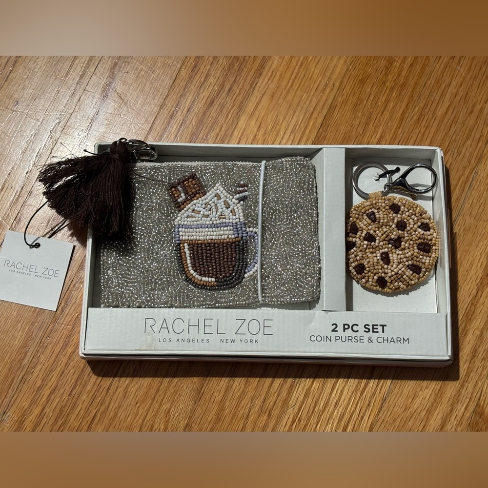 NIB Rachel Zoe Silver Beaded hot chocolate Cocoa Coin Purse with Cookie Charm